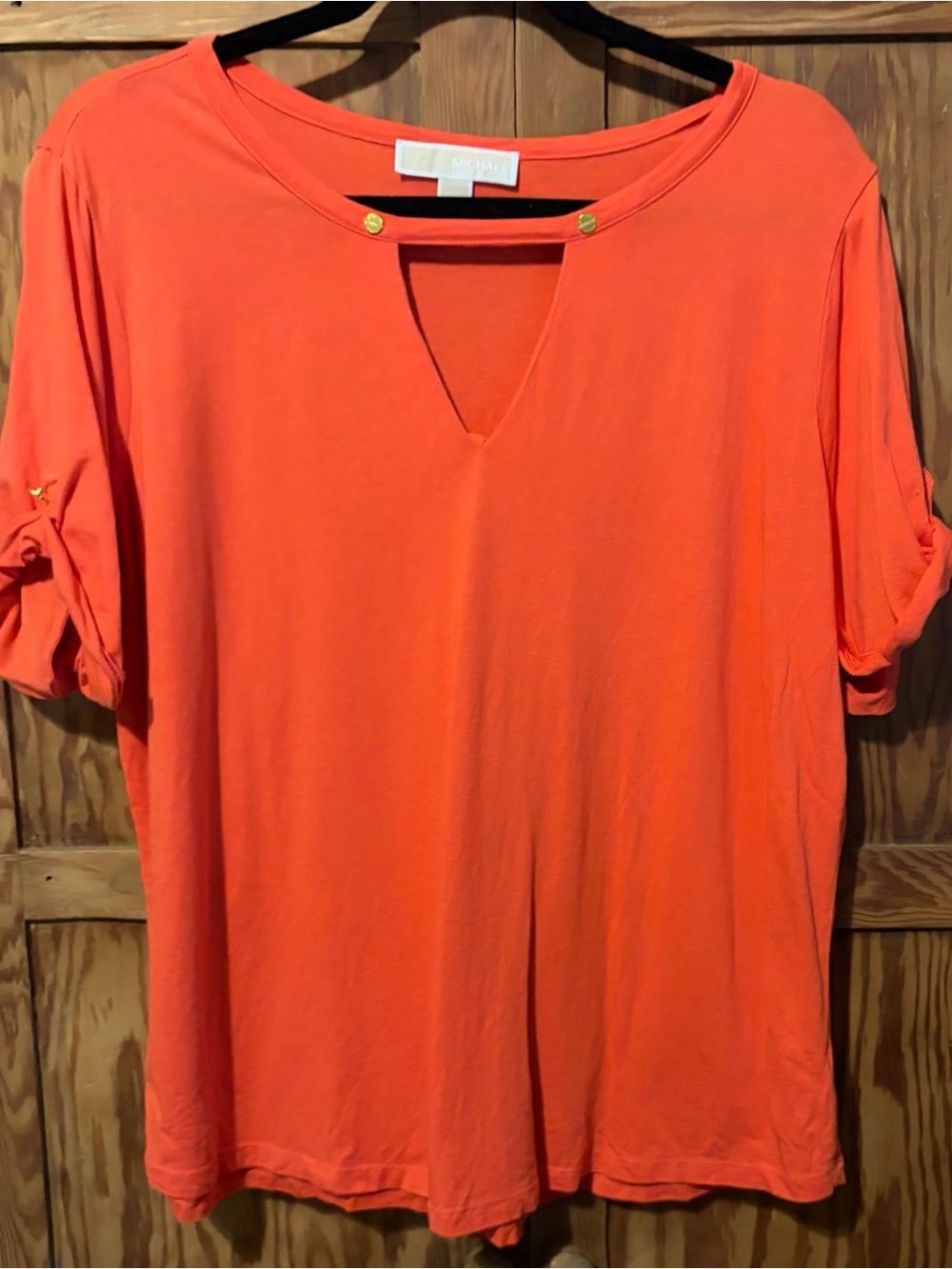 Michael Kors Bright Orange Keyhole Roll-Tab Sleeve Top
